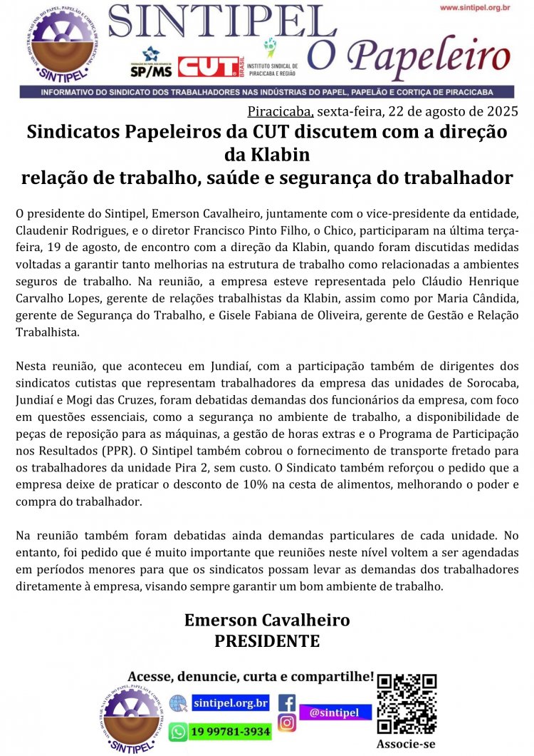 Sindicatos Papeleiros da CUT discutem com a direção da Klabin relação de trabalho,