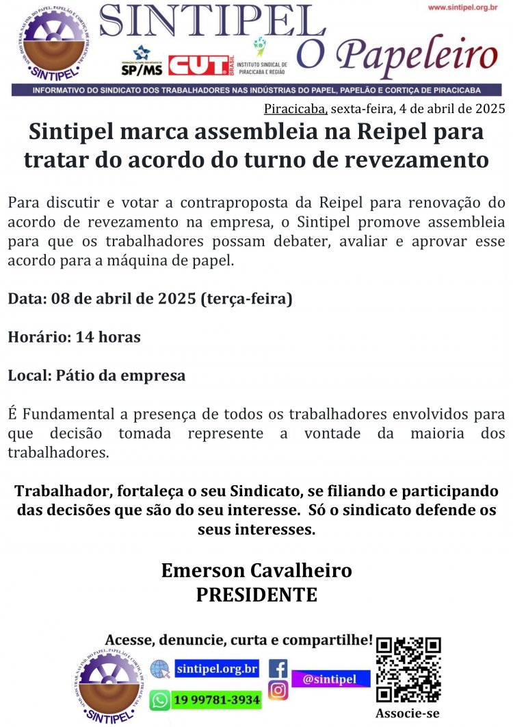 Sintipel marca assembleia na Reipel para tratar do acordo do turno de