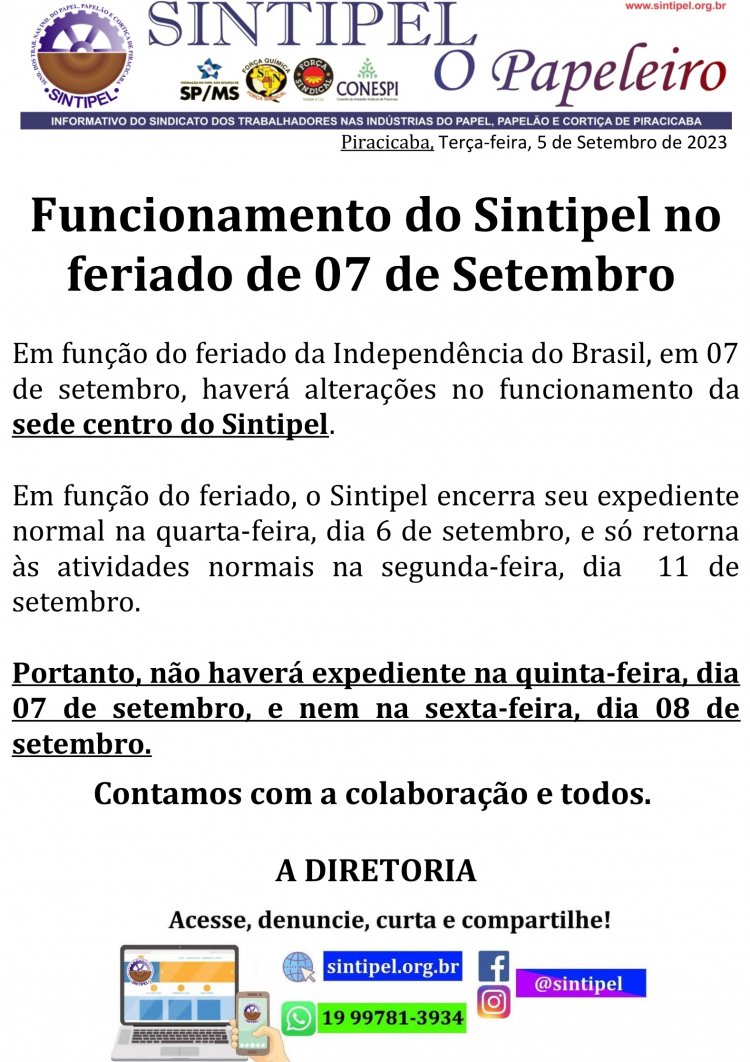 Funcionamento do Sintipel no feriado de 07 de Setembro