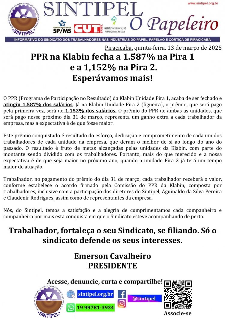 PPR na Klabin fecha a 1.587% na Pira 1 e a 1,152% na Pira 2. 