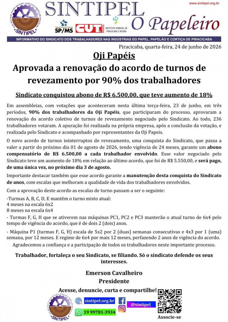 Oji Papéis Aprovada a renovação do acordo de turnos de revezamento por 90% dos