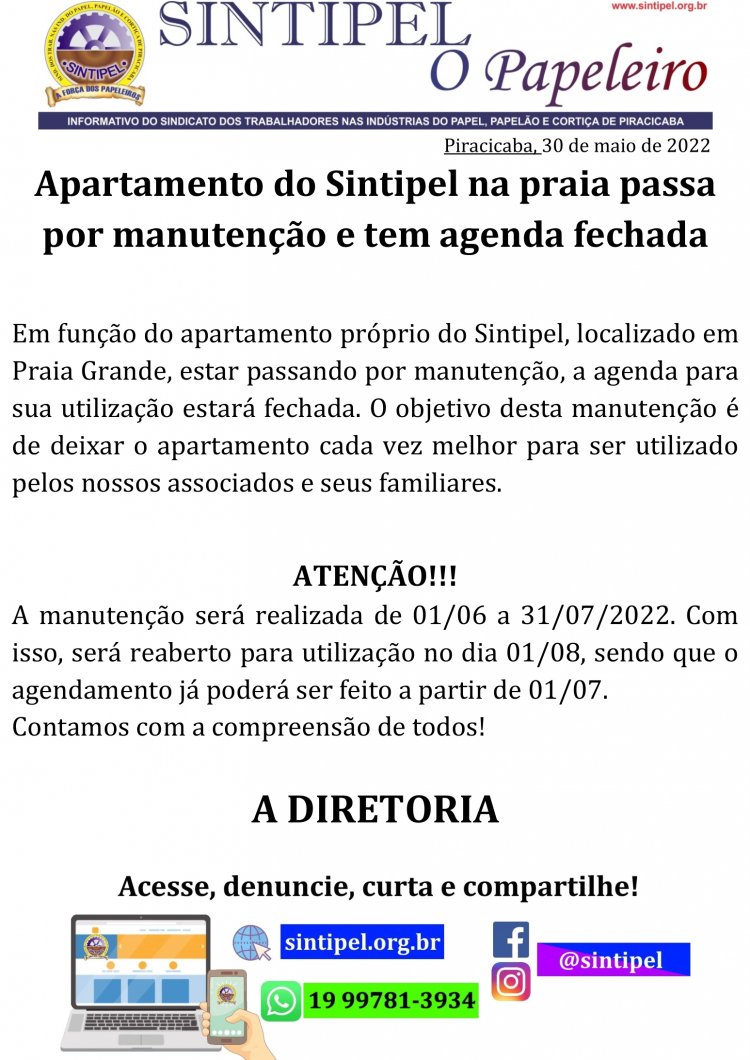 Apartamento do Sintipel na praia passa por manutenção e tem agenda