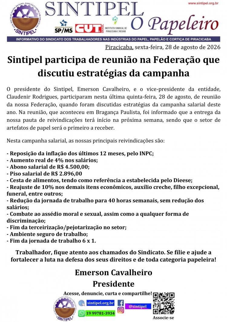 Sintipel participa de reunião na Federação que discutiu estratégias da