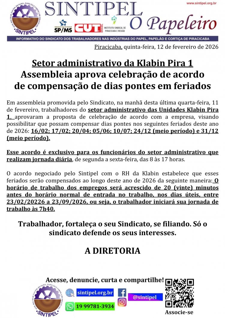 Setor administrativo da Klabin Pira 1 Assembleia aprova celebração de acordo de