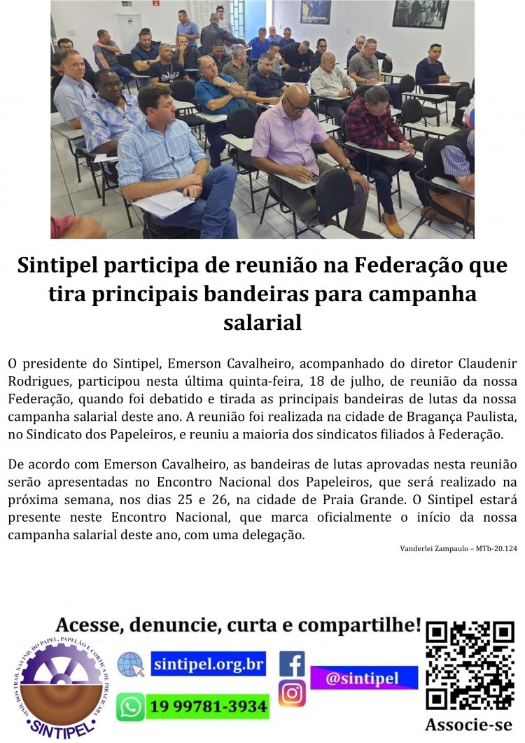 Sintipel participa de reunião na Federação que tira principais