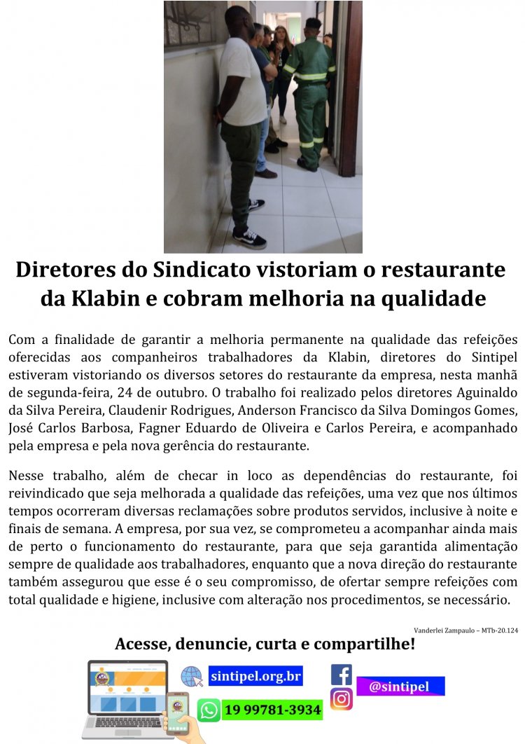 Diretores do Sindicato vistoriam o restaurante da Klabin e cobram