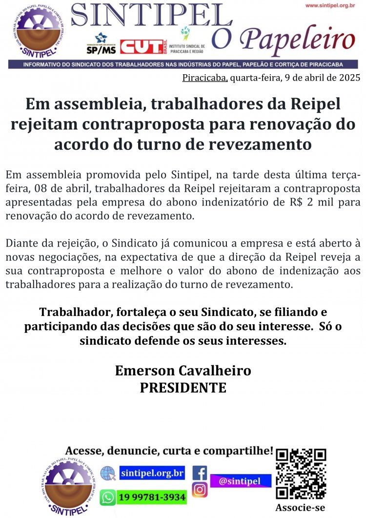 Em assembleia, trabalhadores da Reipel rejeitam contraproposta para