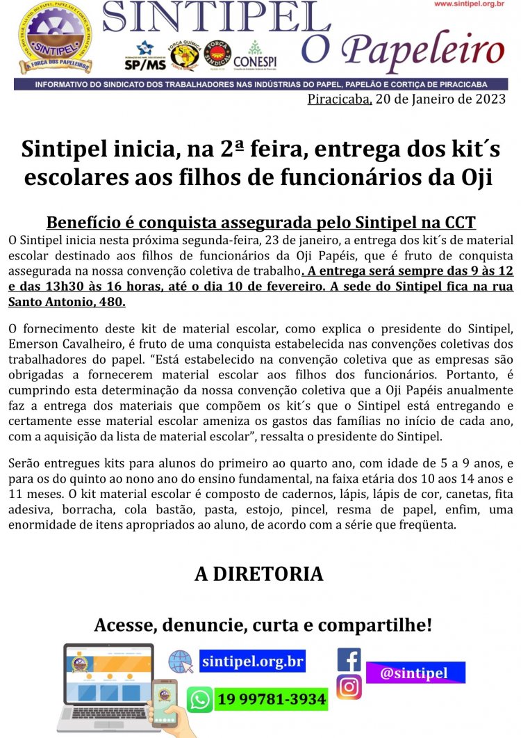 Sintipel inicia, na 2ª feira, entrega dos kit´s escolares aos