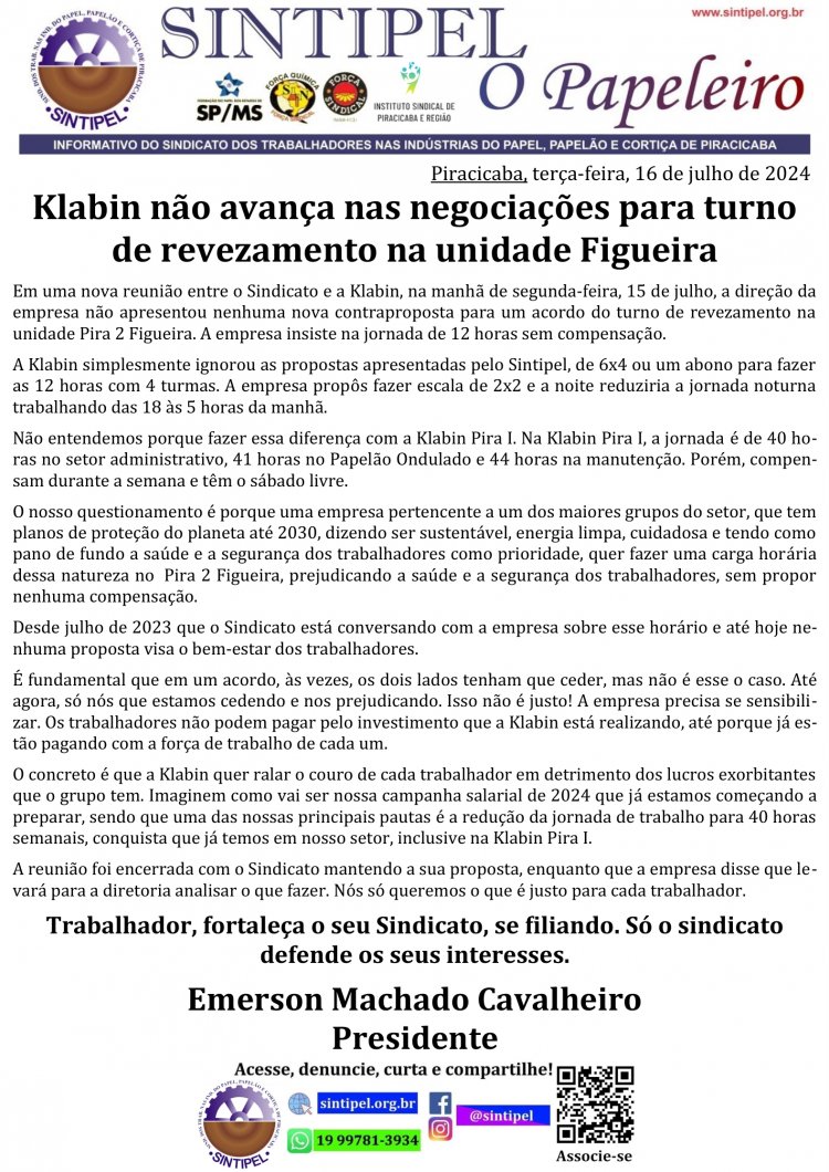Klabin não avança nas negociações para turno de revezamento na