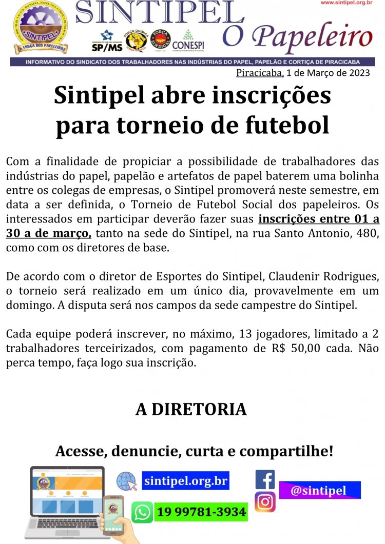 Sintipel abre inscrições para torneio de