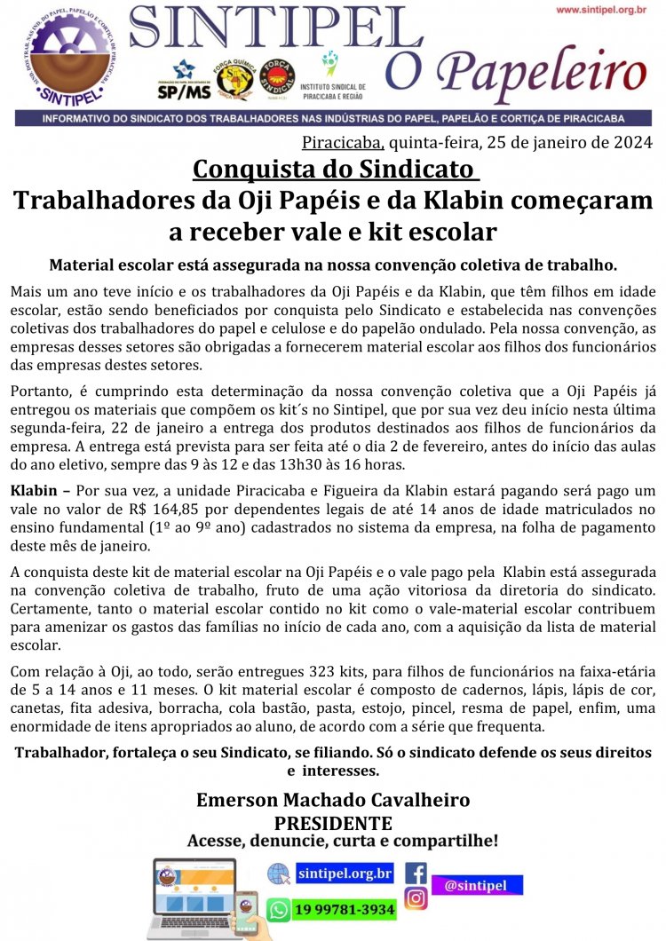 Trabalhadores da Oji Papéis e da Klabin começaram a receber vale e kit escolar