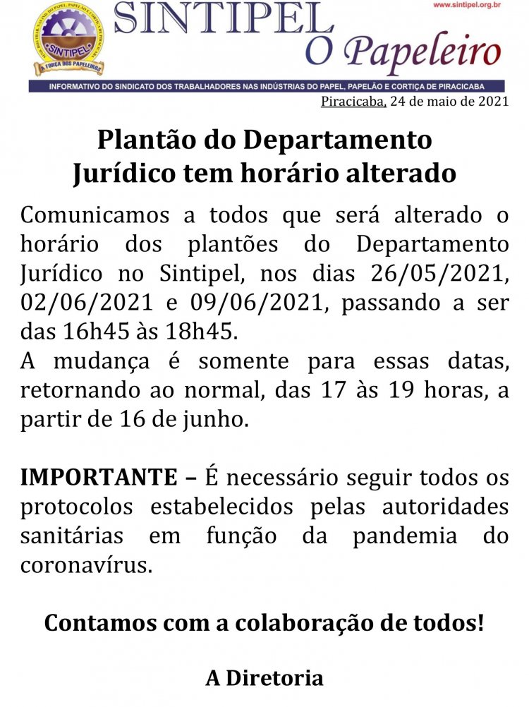 Plantão do Departamento Jurídico tem horário