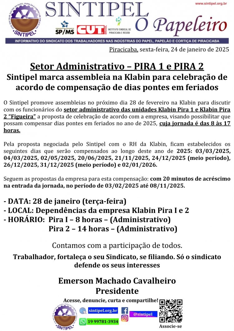 Setor Administrativo PIRA 1 e PIRA 2 Sintipel marca assembleia na