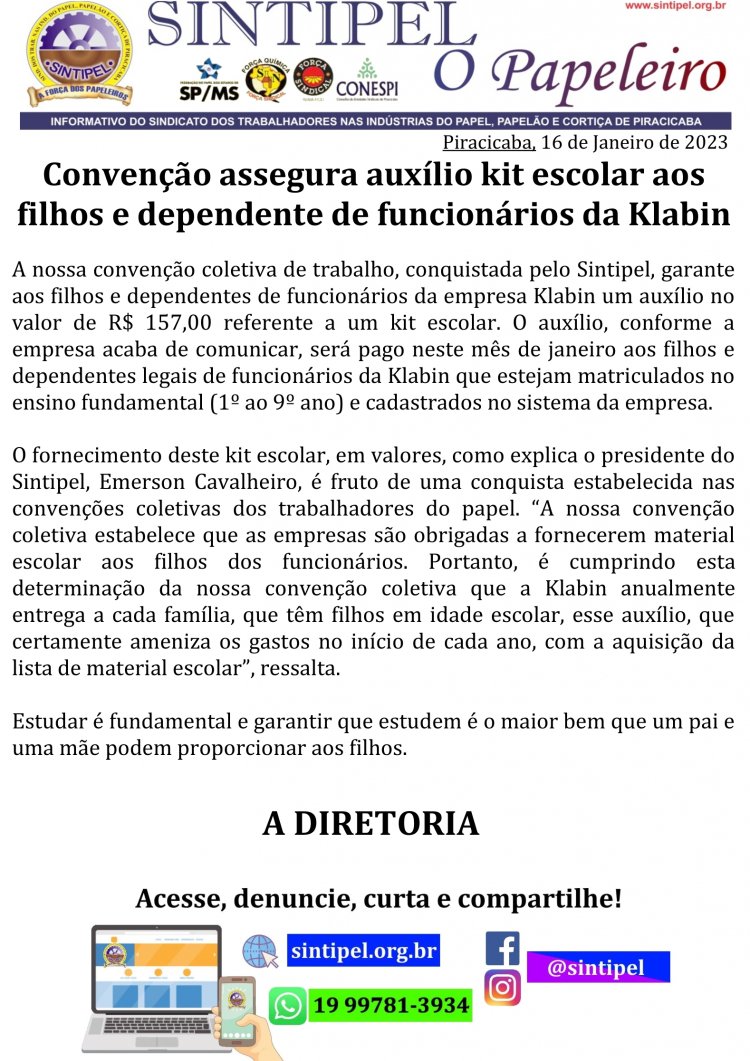 Convenção assegura auxílio kit escolar aos filhos e dependente de funcionários da Klabin