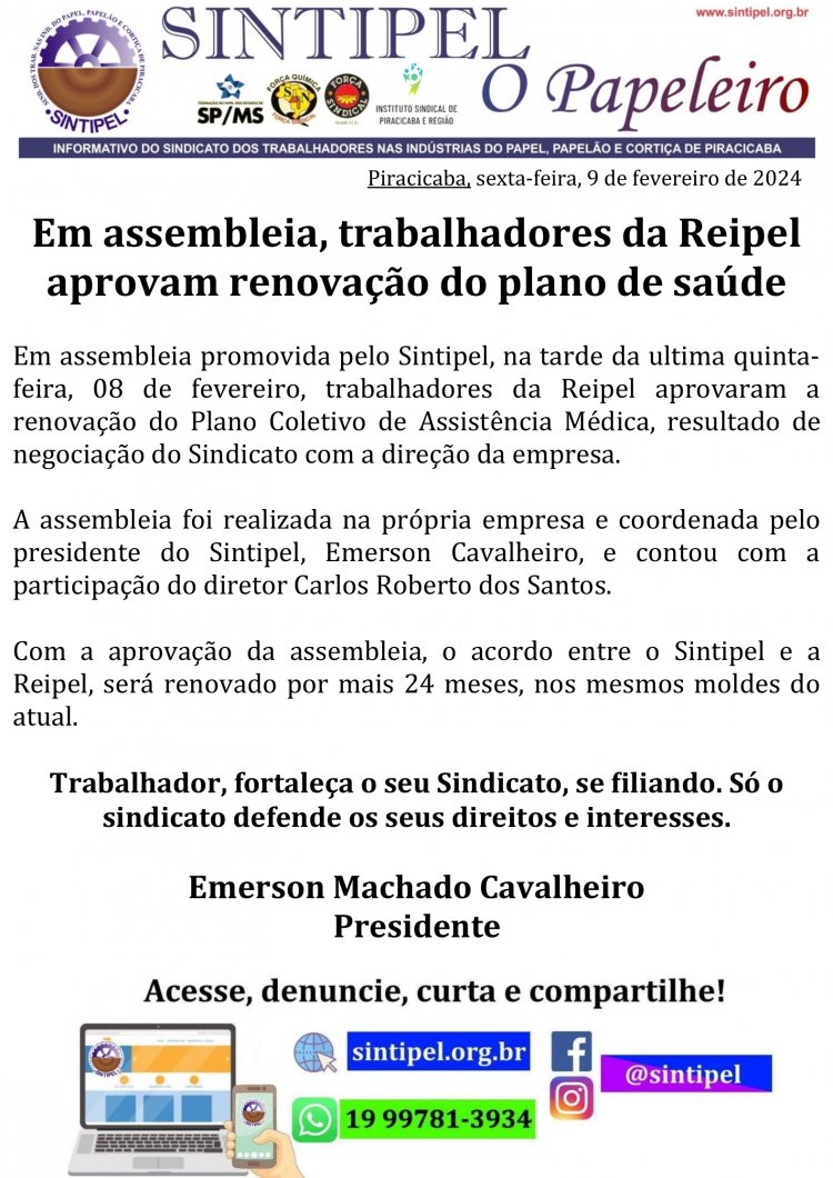 Em assembleia, trabalhadores da Reipel aprovam renovação do plano