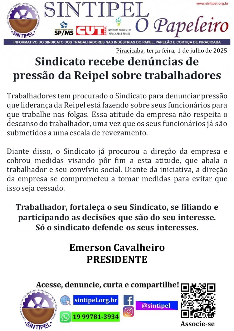Sindicato recebe denúncias de pressão da Reipel sobre trabalhadores
