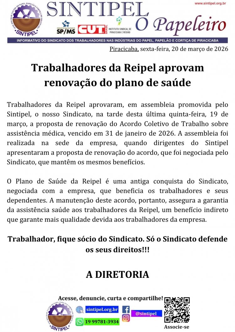 Trabalhadores da Reipel aprovam renovação do plano de saúde