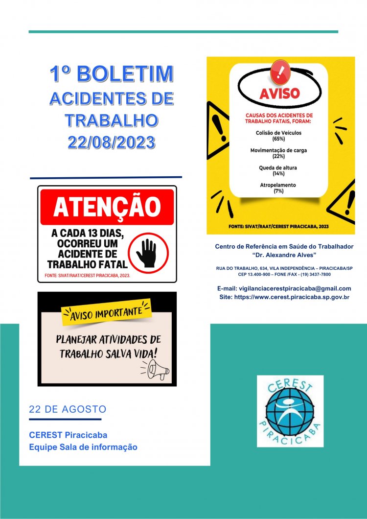 Boletim do Cerest destaca aumento de acidentes de trabalho fatais e