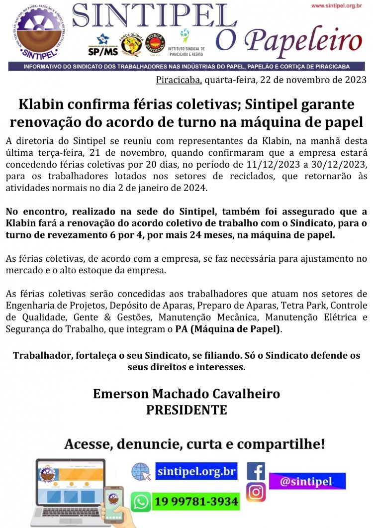 Klabin confirma férias coletivas; Sintipel garante renovação do acordo de turno na máquina de papel